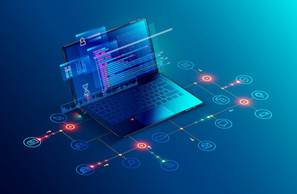 Laptop with code and integration flows